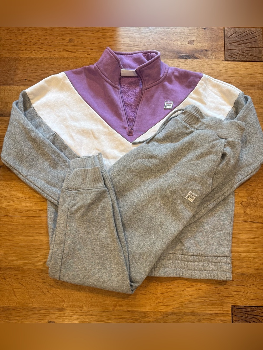 FILA Purple Chevron Colorblock 1/4 Zip Pullover + Gray Joggers Set Womens M